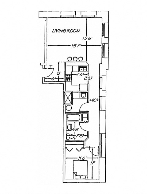 Floor plan for 1 bed, 1 bath, 826 sqft